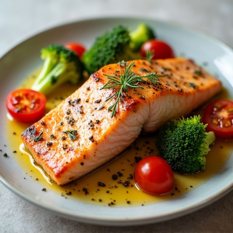 Herb-Garlic Pan Seared Salmon with Roasted Vegetables