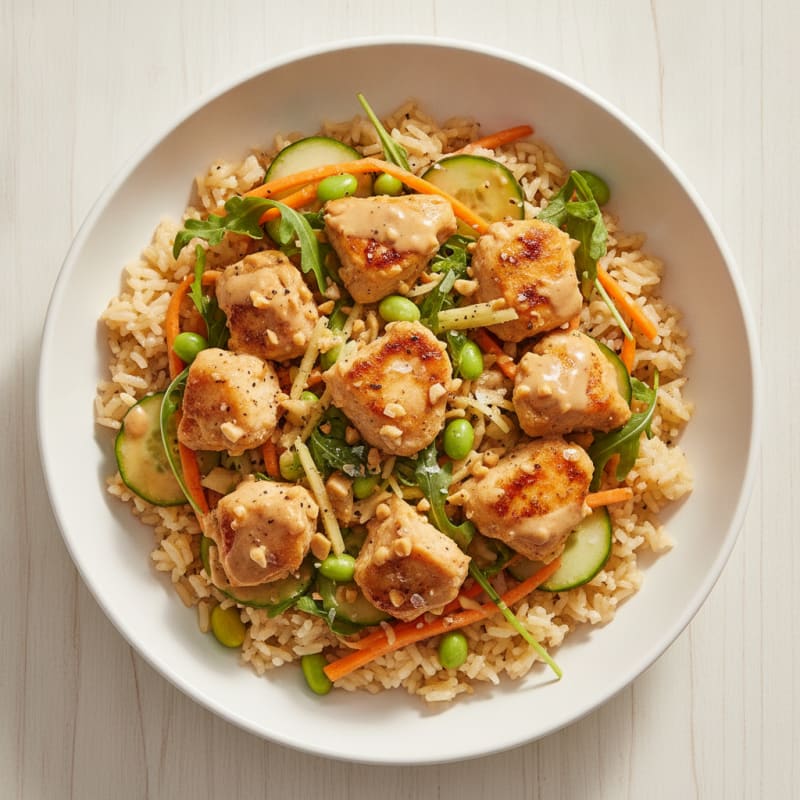 Thai Peanut Chicken and Vegetable Rice Bowl
