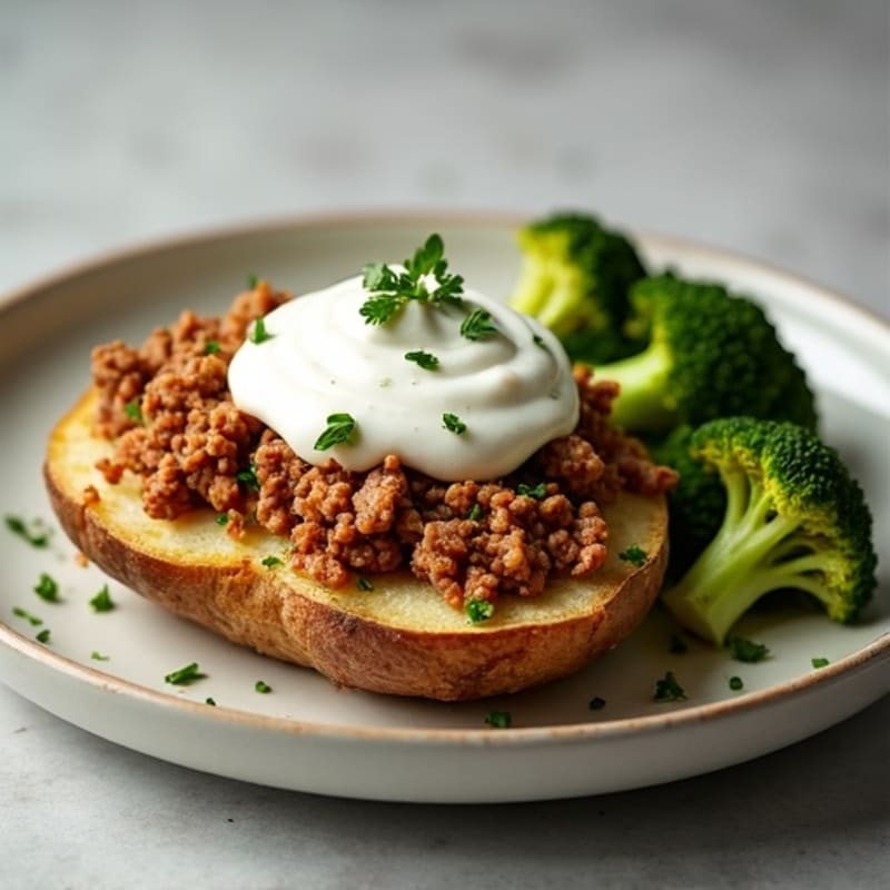Crispy Baked Potato with Lean Ground Turkey, Roasted Broccoli, and Creamy Greek Yogurt