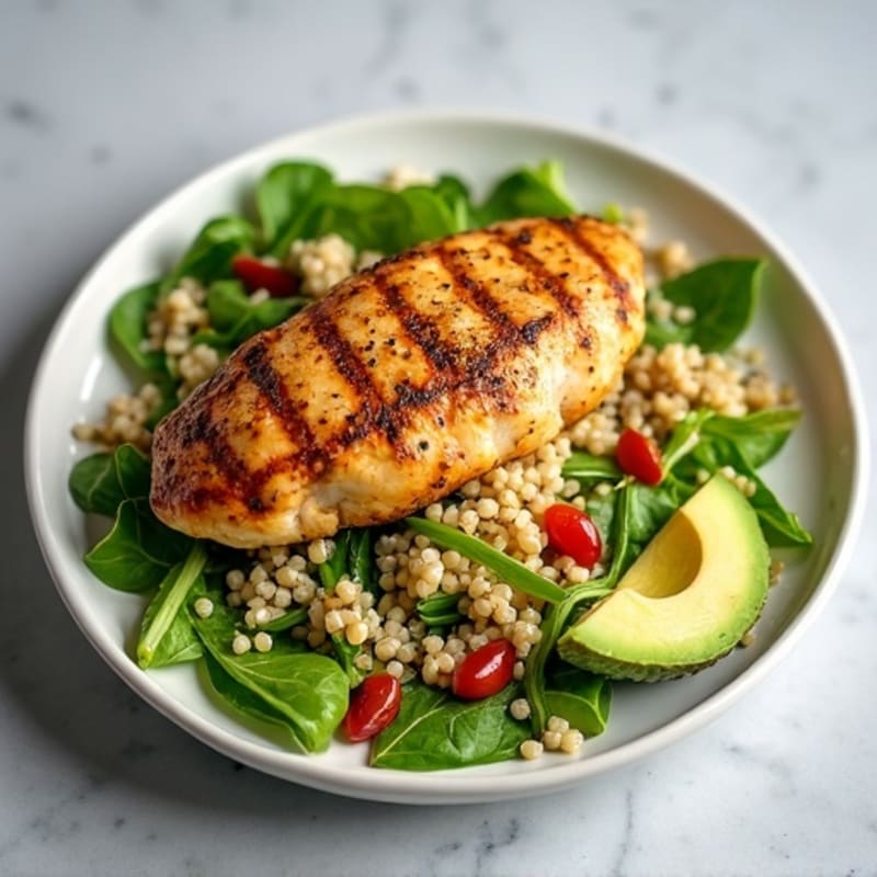 Grilled Chicken Breast with Crunchy Quinoa and Mixed Greens Salad