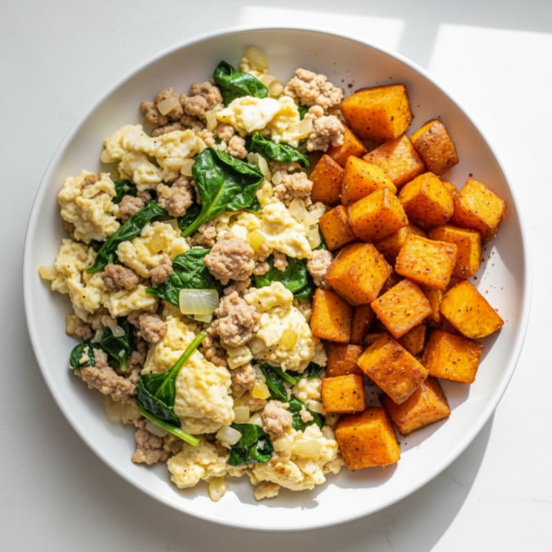 Turkey Spinach Egg White Scramble with Roasted Sweet Potatoes