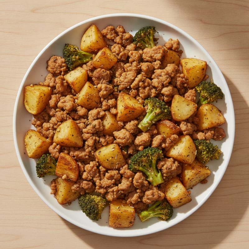 Ground Turkey and Broccoli Bake with Roasted Potatoes