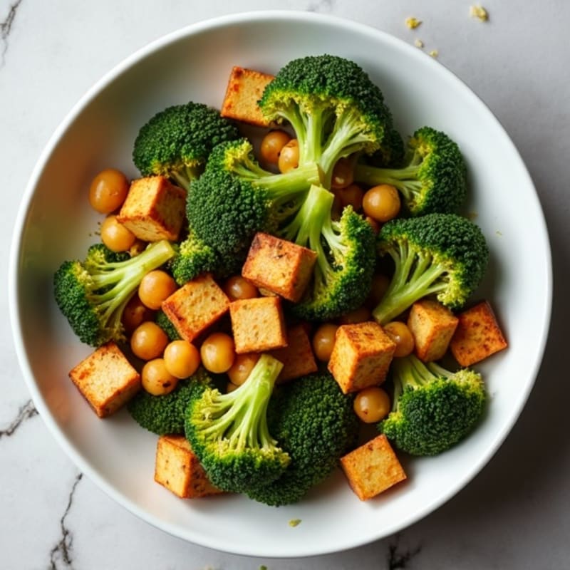 Garlic-Roasted Broccoli with Crispy Chickpeas and Baked Tofu