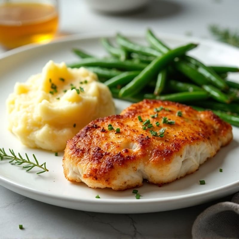 Crispy Pan-Seared Chicken with Buttery Garlic Mashed Potatoes and Roasted Green Beans