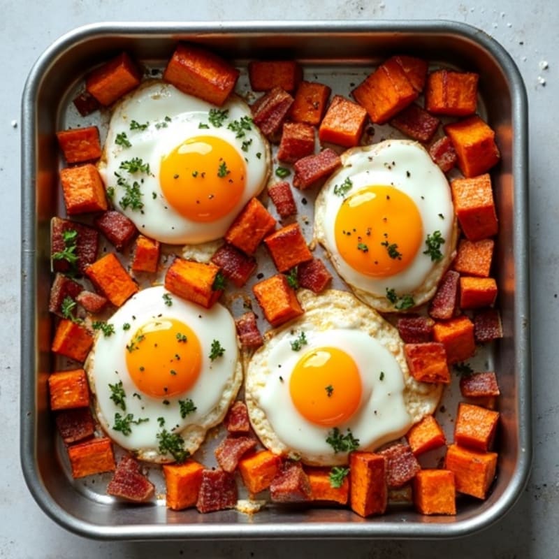 Sheet Pan Eggs with Crispy Turkey Bacon and Roasted Sweet Potatoes
