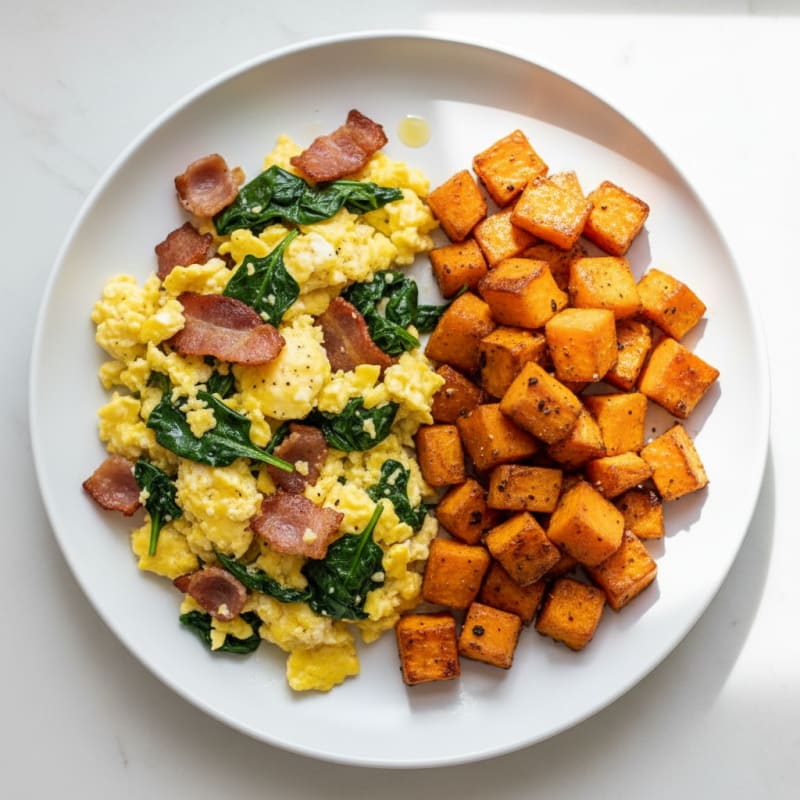 Crispy Turkey Bacon and Spinach Egg Scramble with Roasted Sweet Potato
