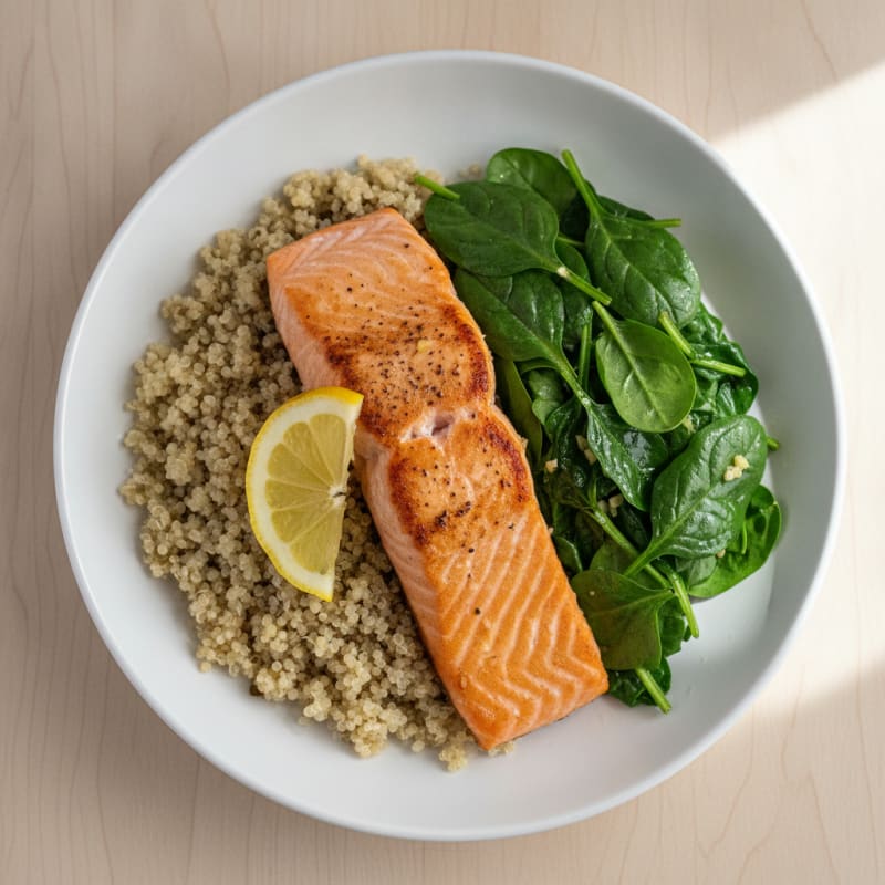 Seared Salmon Filet with Quinoa Pilaf and Sautéed Spinach