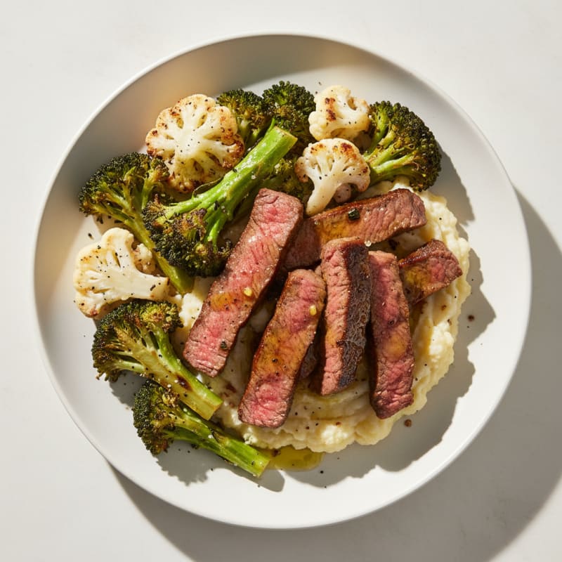 Seared Lean Beef Strips with Roasted Broccoli and Cauliflower Mash