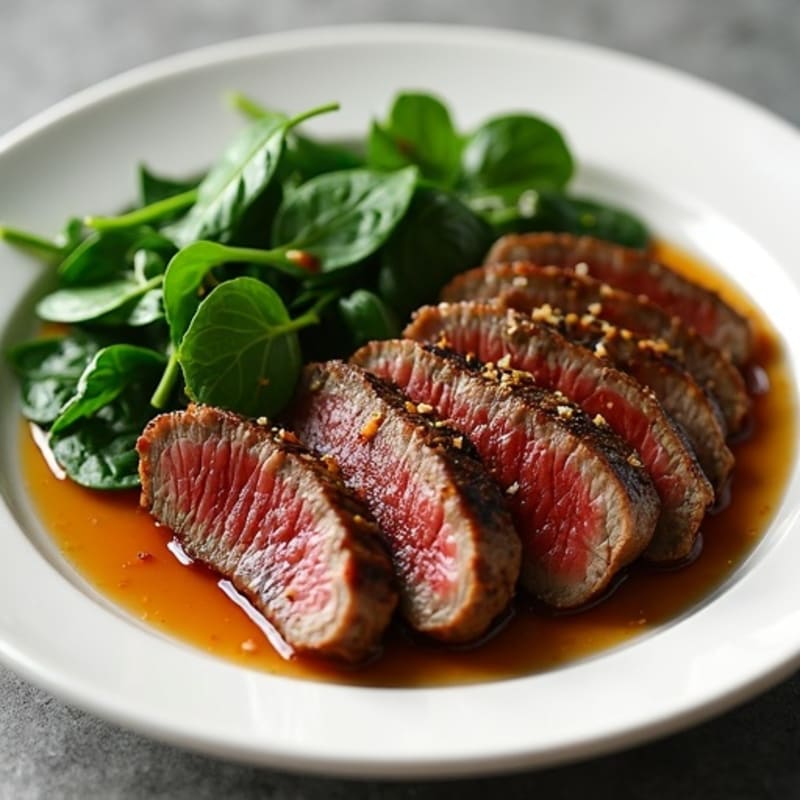 Sweet and Savory Garlic Marinated Beef with Sautéed Greens
