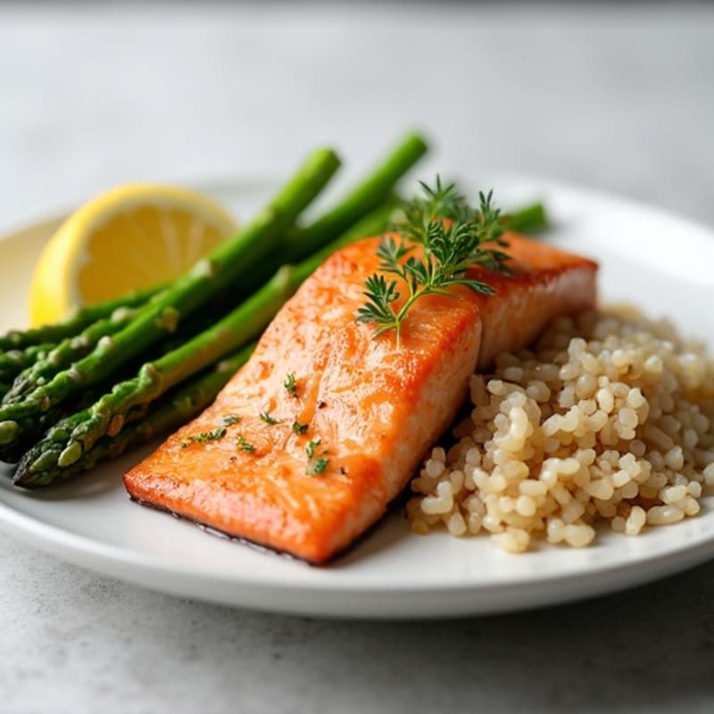 Seared Salmon Fillet with Steamed Asparagus and Brown Rice