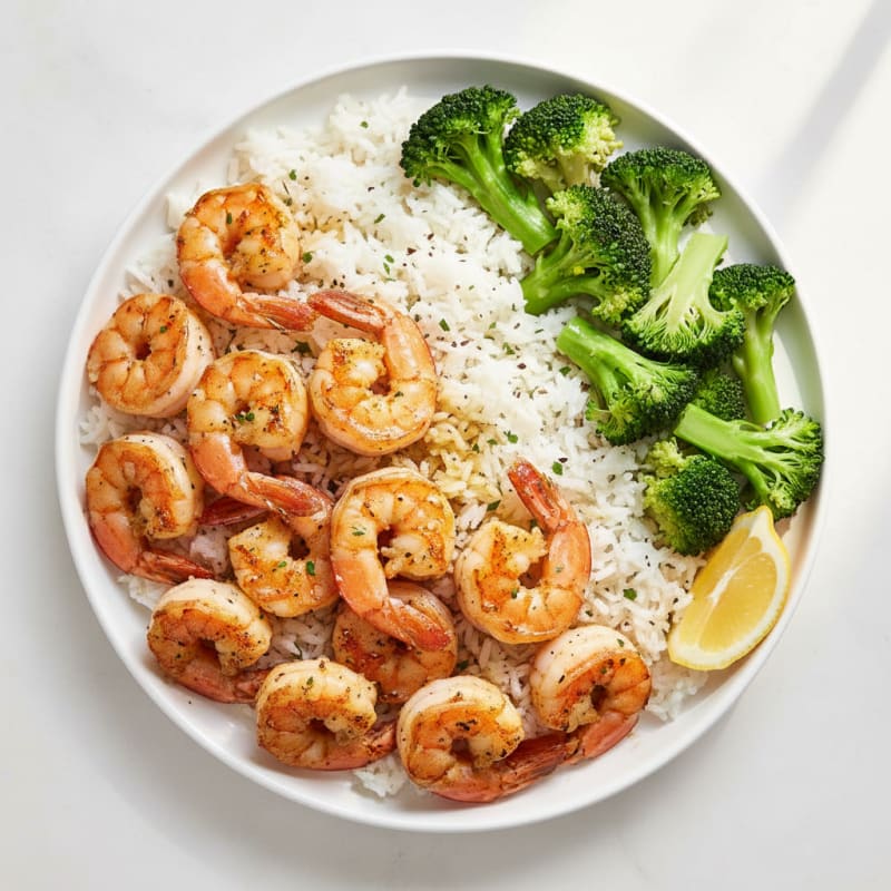 Seared Shrimp with Steamed Broccoli and Garlic Herb Rice
