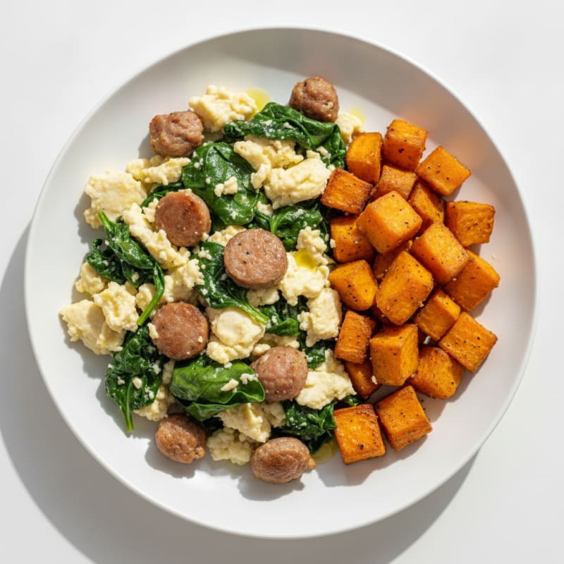 Egg White and Turkey Sausage Scramble with Spinach and Roasted Sweet Potato