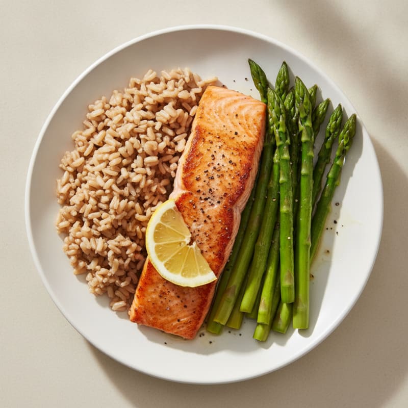 Seared Salmon with Steamed Asparagus and Brown Rice