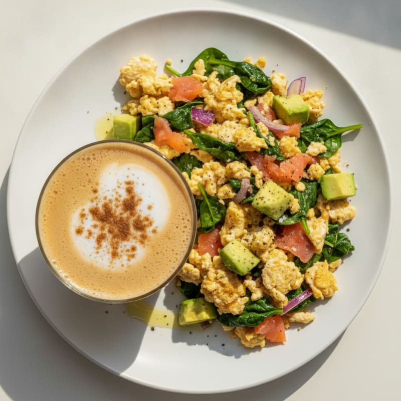 Creamy Coffee with Soja Milk & Protein Scramble