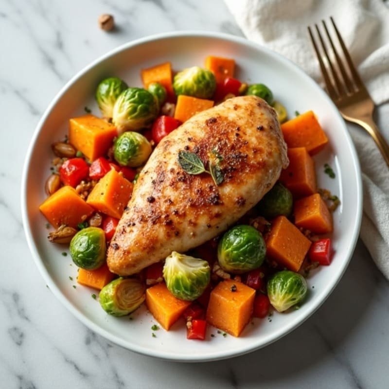 Smoky Sweet Potato and Chicken Hash with Crispy Brussels Sprouts