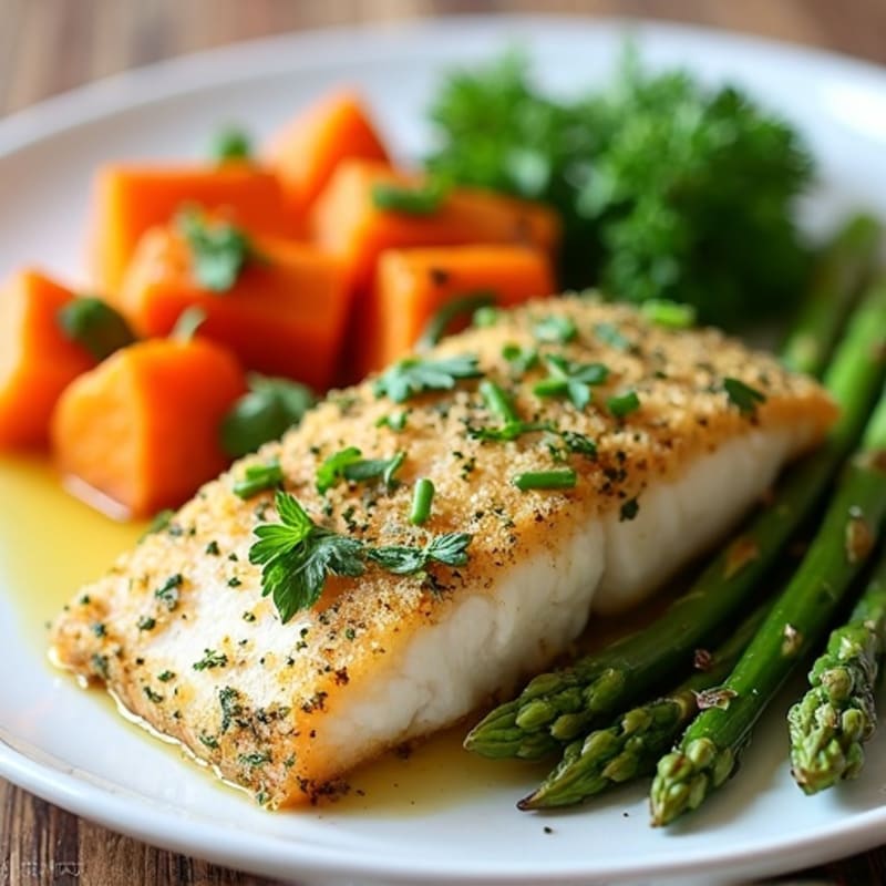Baked Herb-Crusted Cod with Roasted Sweet Potatoes and Asparagus