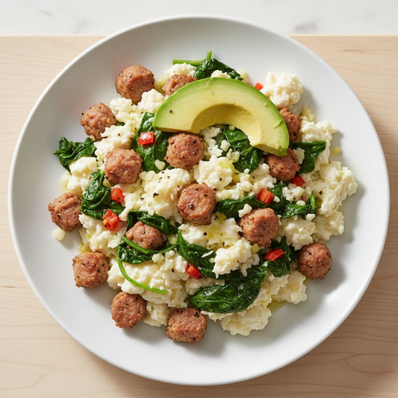 Egg White Scramble with Turkey Sausage and Sautéed Spinach