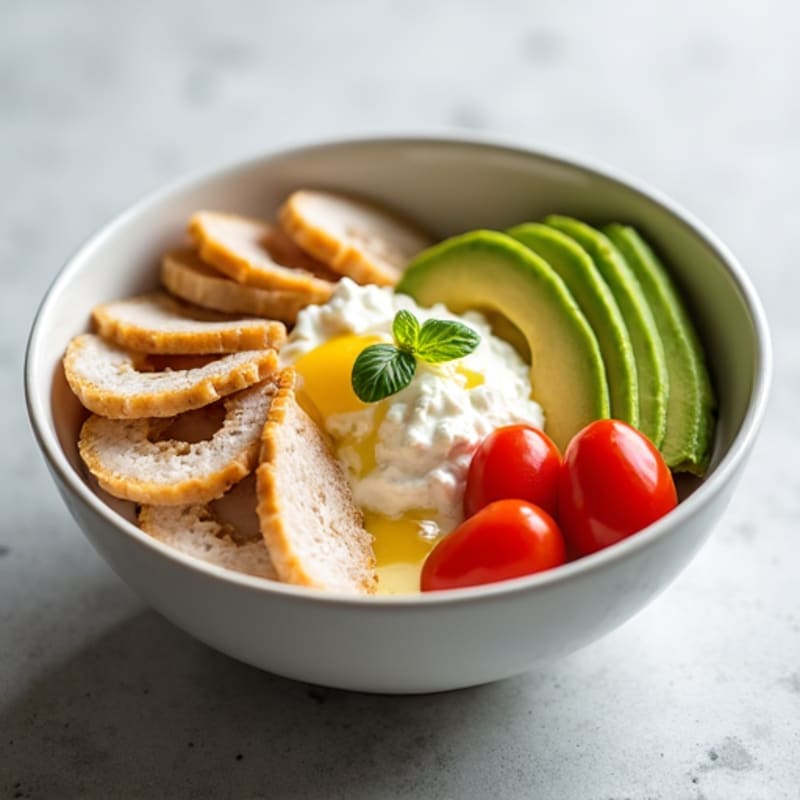 Cottage Cheese Bowl with Sliced Chicken Breast and Cherry Tomatoes