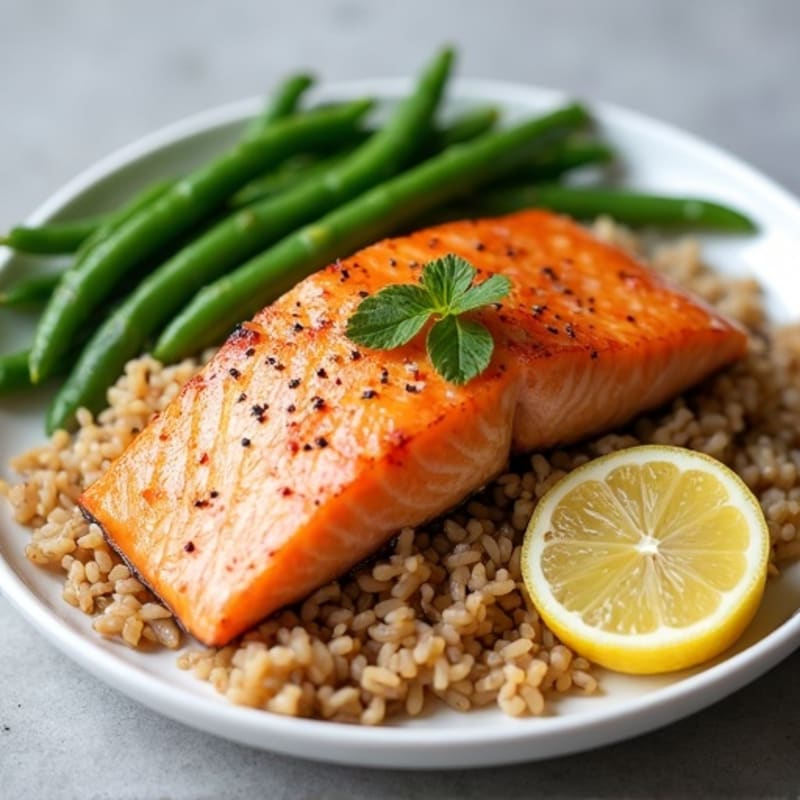Seared Salmon Filet with Steamed Green Beans and Brown Rice