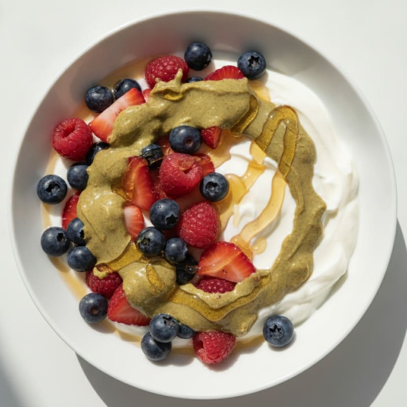 Greek Yogurt Bowl with Mixed Berries and Pistachio Butter