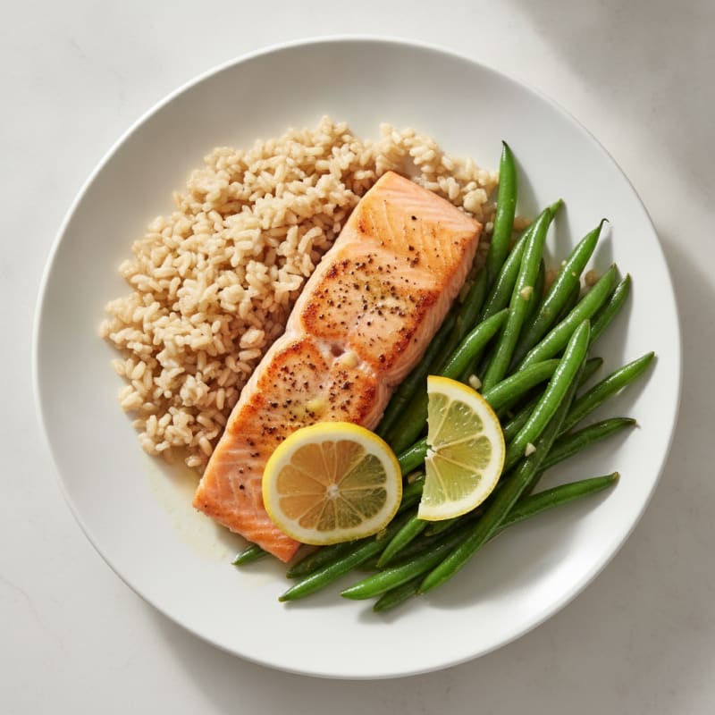 Seared Salmon with Garlic Green Beans and Brown Rice