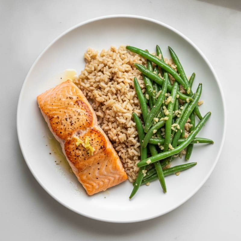 Seared Salmon with Garlic Green Beans and Brown Rice