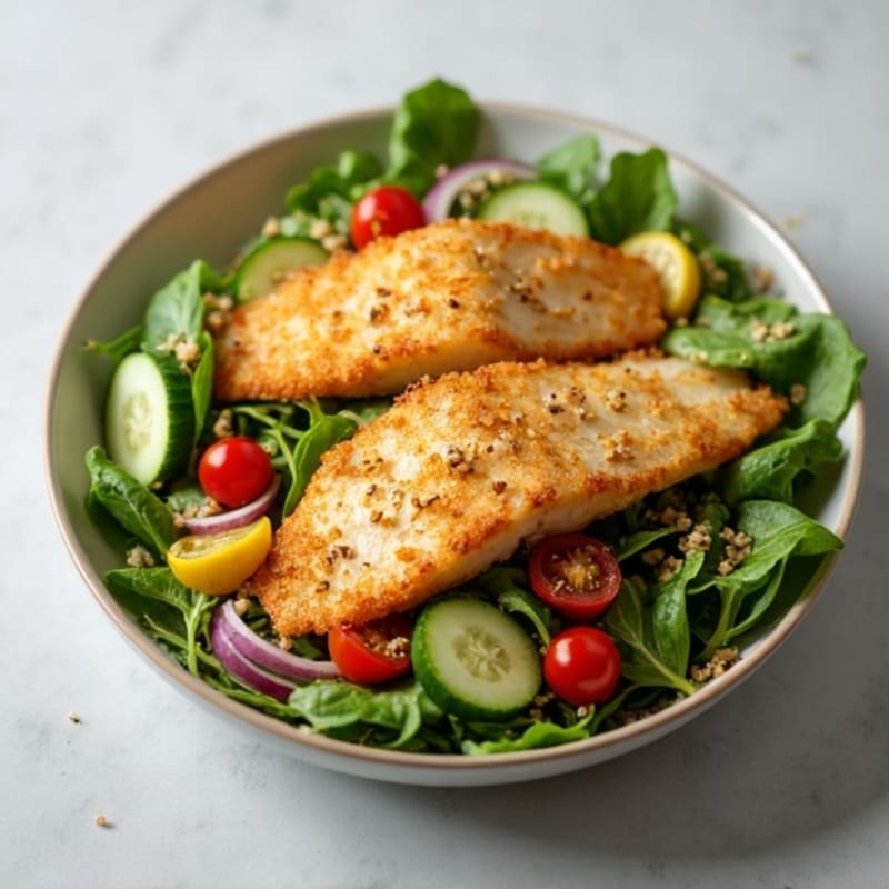Crispy Baked Fish Fillets with Mixed Greens Salad