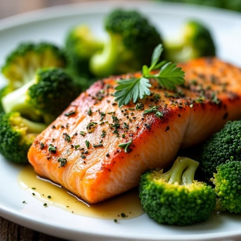 Herb-Crusted Pan Seared Salmon with Garlic Roasted Broccoli