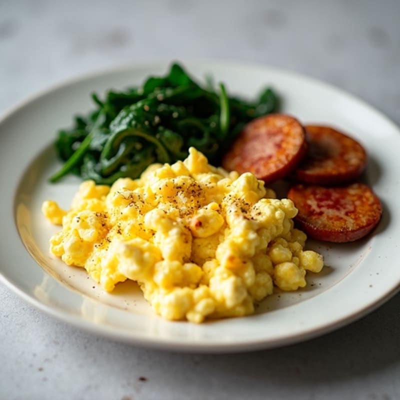 Fluffy Egg and Cottage Cheese Scramble with Sautéed Spinach and Lean Chicken Sausage