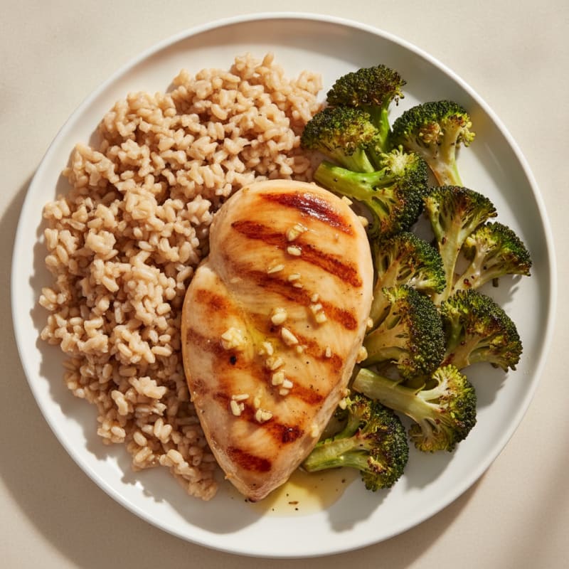 Grilled Lemon Garlic Chicken with Brown Rice and Roasted Broccoli