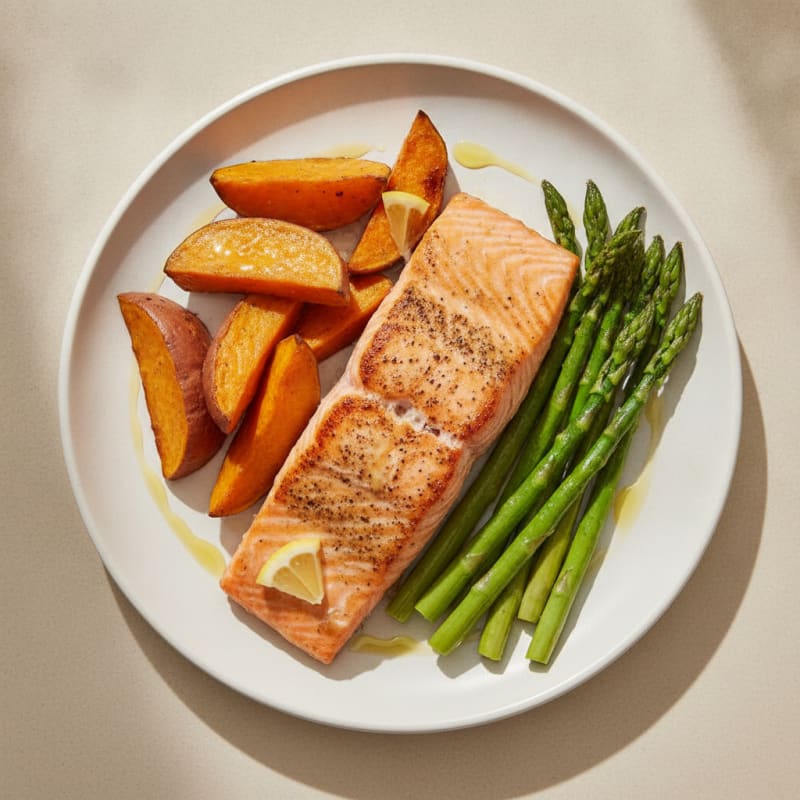 Seared Salmon with Roasted Sweet Potato and Asparagus