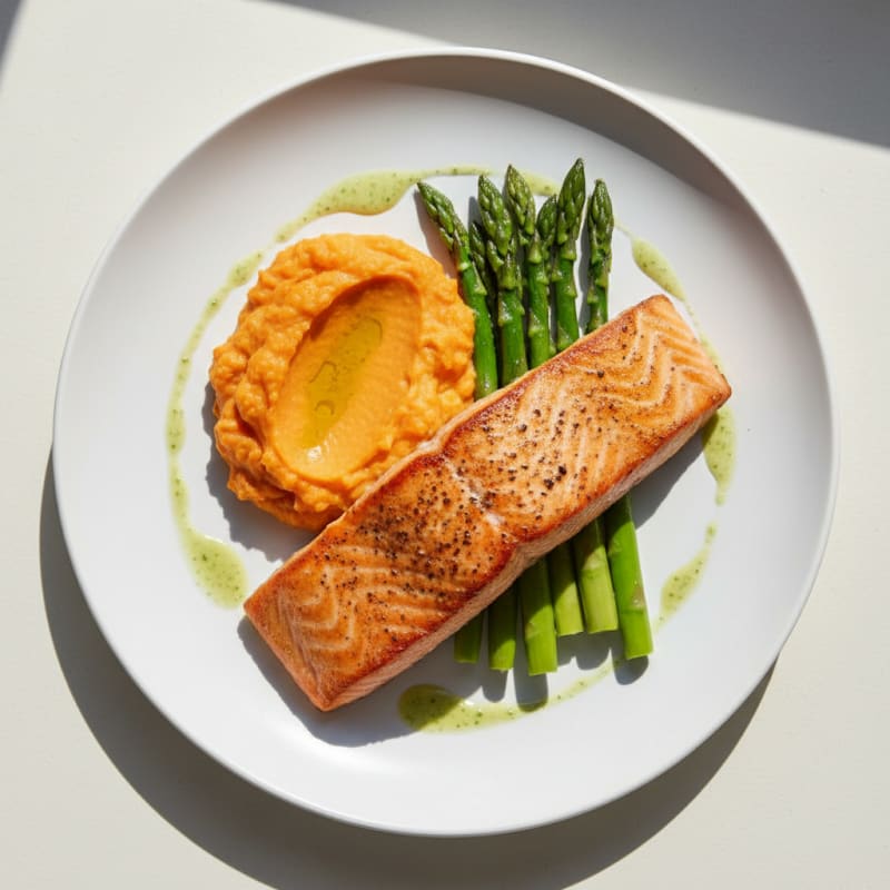 Seared Salmon with Steamed Asparagus and Mashed Sweet Potato