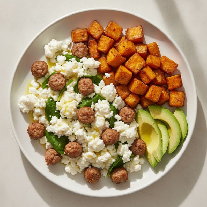 Cottage Cheese and Egg White Scramble with Turkey Sausage and Roasted Sweet Potatoes