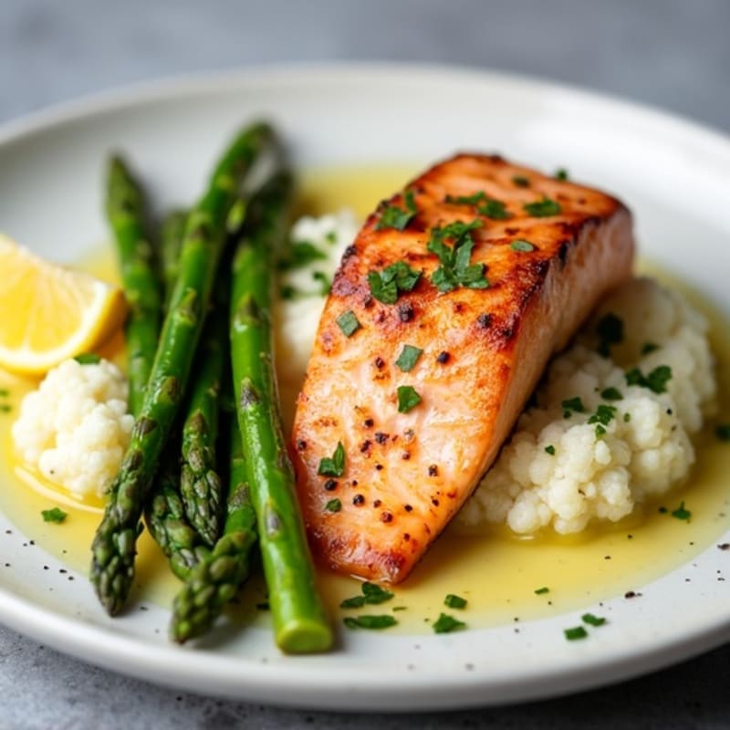 Seared Salmon with Steamed Asparagus and Garlic Cauliflower Mash