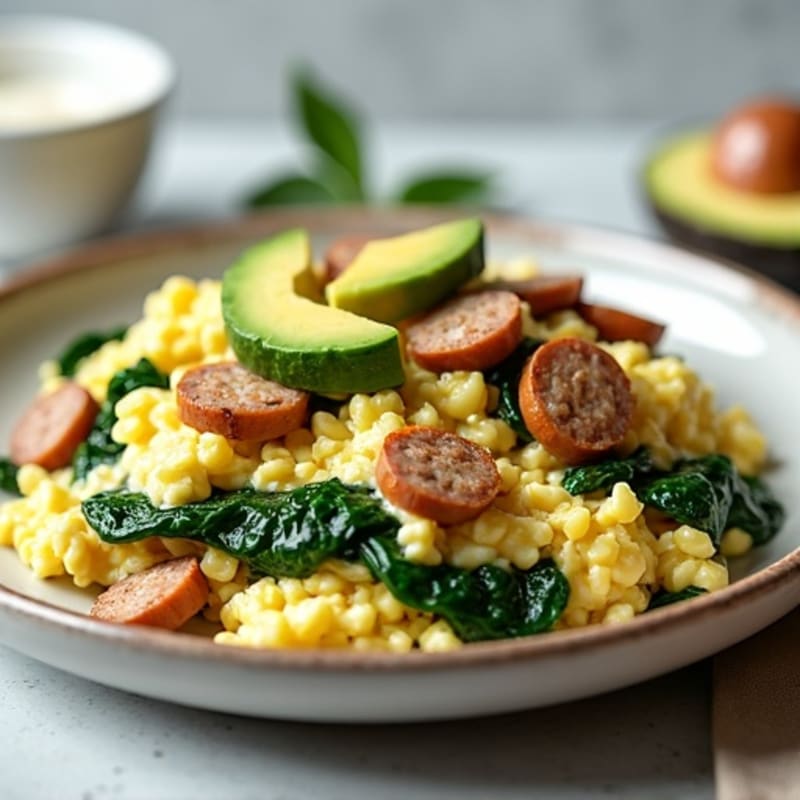 Egg White and Turkey Sausage Scramble with Sautéed Spinach