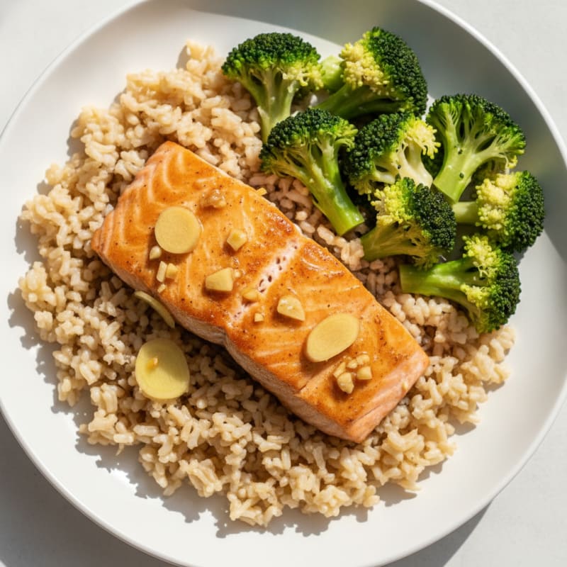 Ginger-Garlic Salmon with Steamed Broccoli and Brown Rice