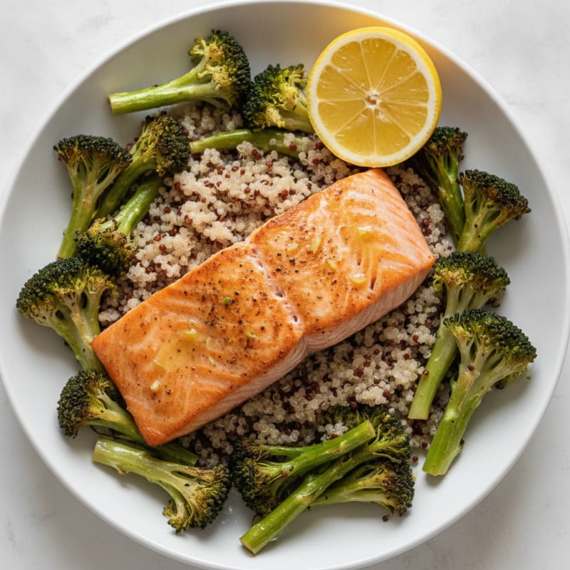 Seared Salmon with Roasted Broccoli and Quinoa
