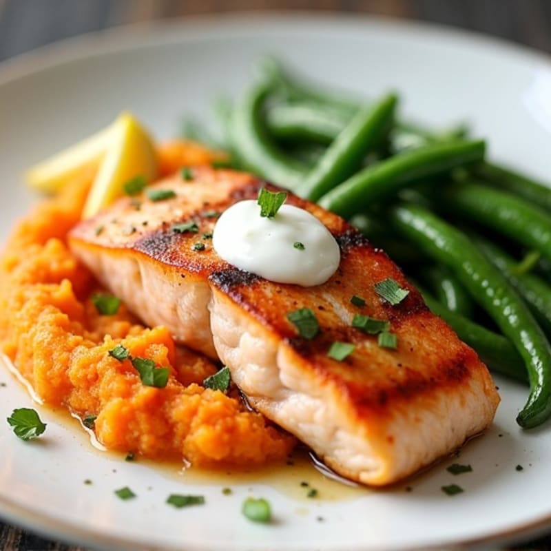 Seared Salmon with Garlic Green Beans and Sweet Potato Mash