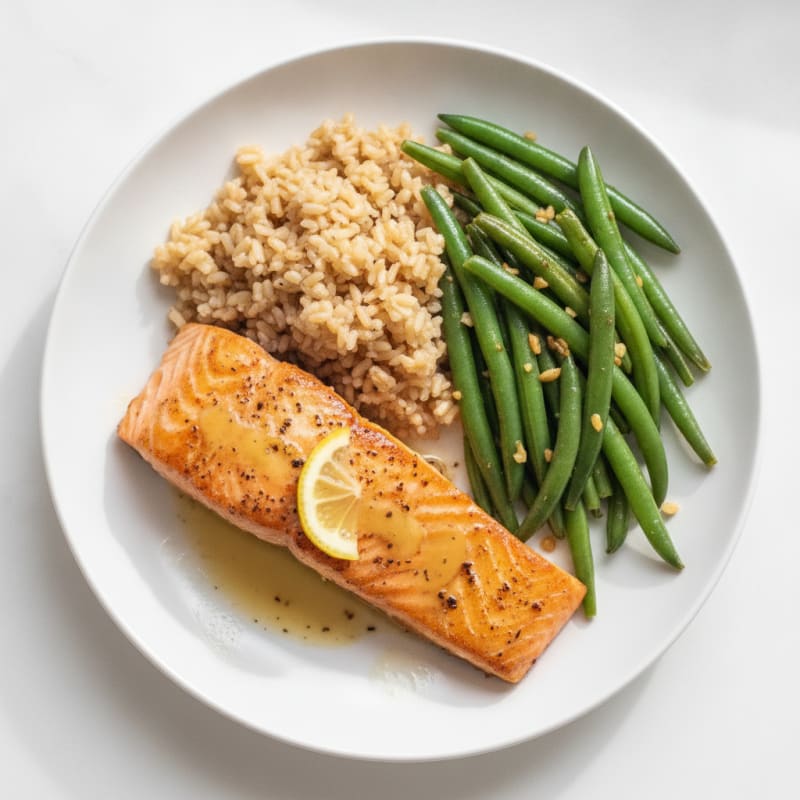 Seared Salmon with Garlic Green Beans and Brown Rice