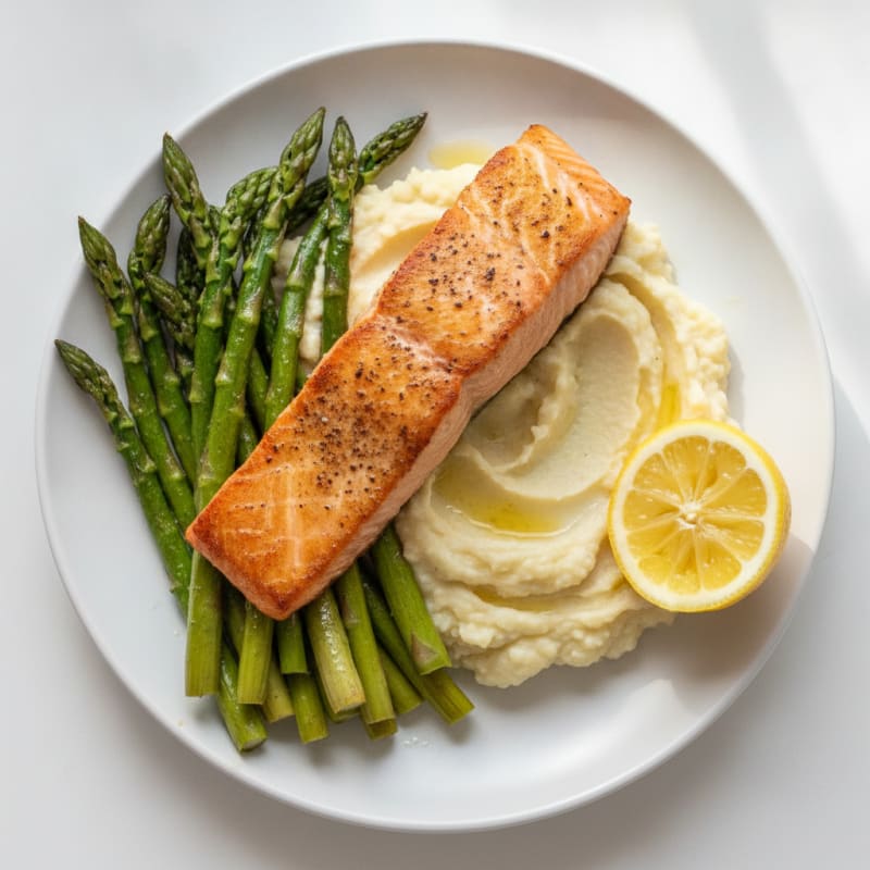 Seared Salmon with Roasted Asparagus and Cauliflower Mash