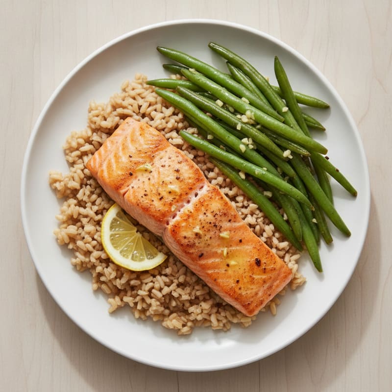 Seared Salmon Fillet with Garlic Green Beans and Brown Rice