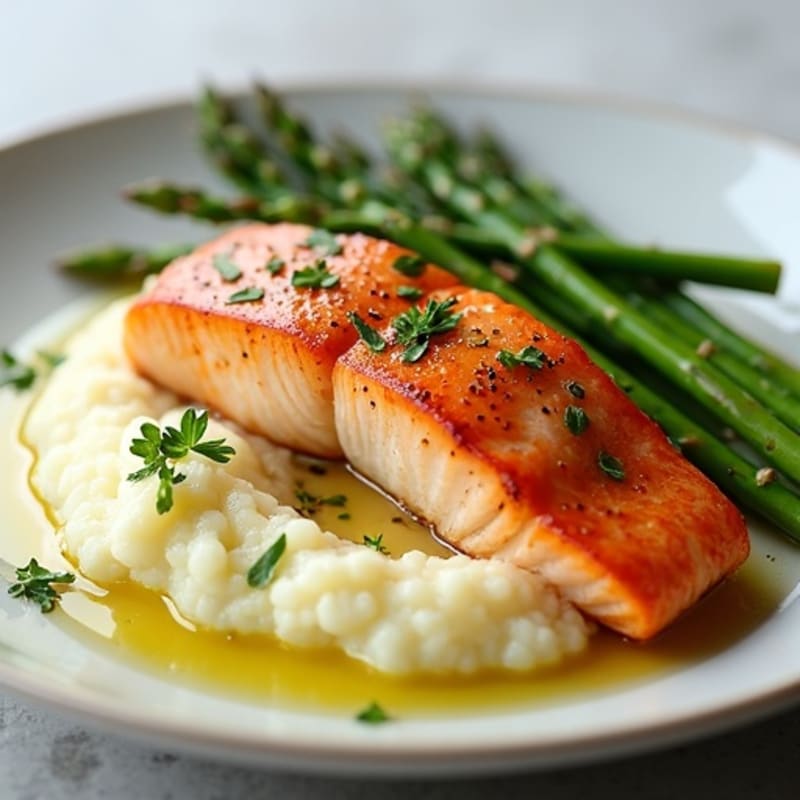 Seared Salmon with Steamed Asparagus and Cauliflower Mash