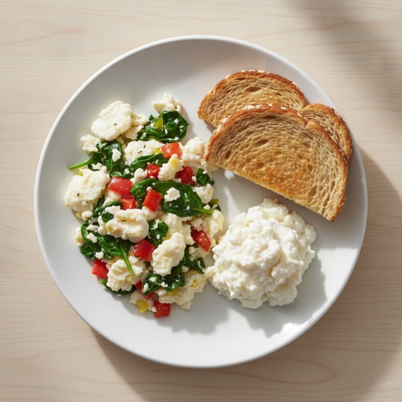 Egg White Vegetable Scramble with Cottage Cheese and Toast