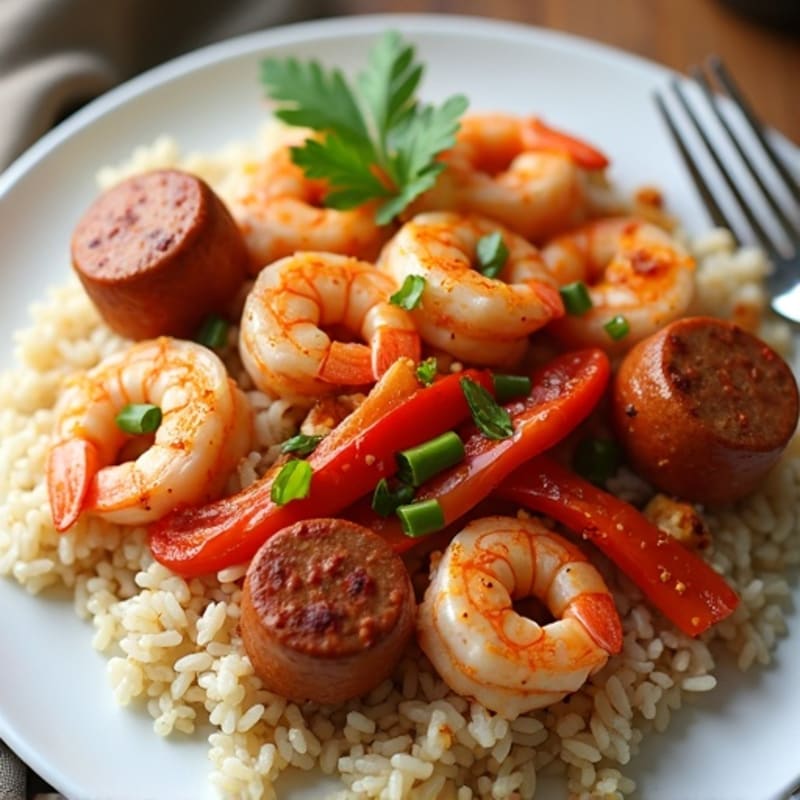 Spicy Chicken, Shrimp, and Sausage with Savory Rice and Bell Peppers