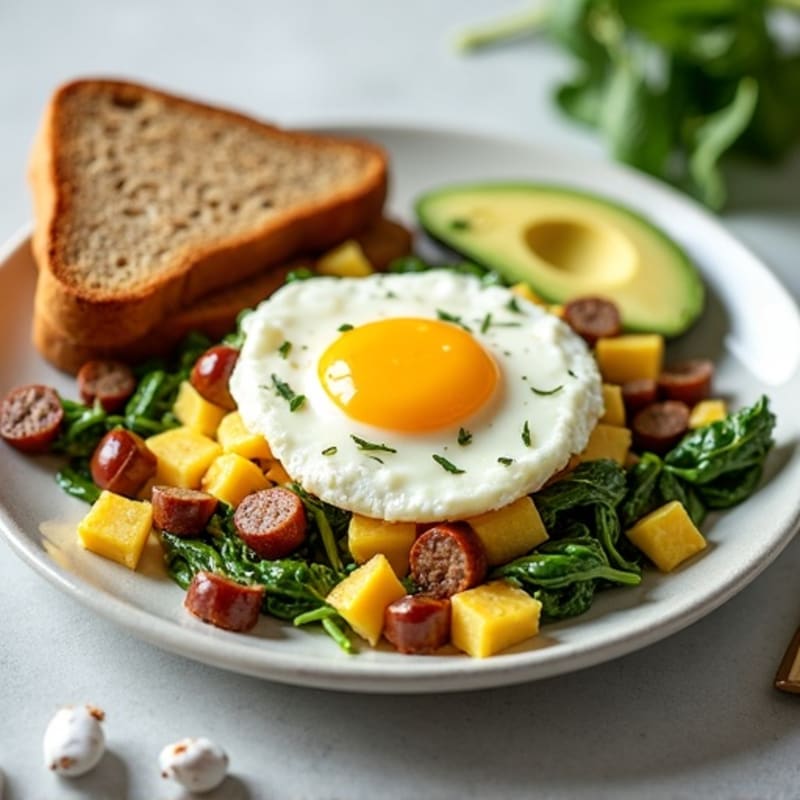 Egg White Scramble with Turkey Sausage, Spinach, Avocado & Toast