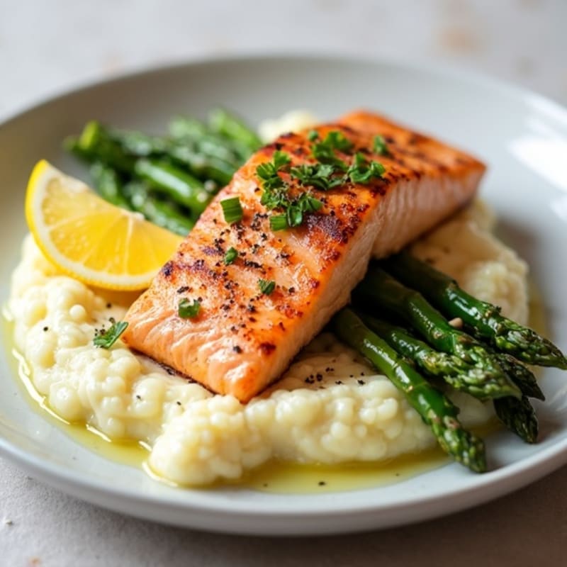 Seared Salmon with Steamed Asparagus and Cauliflower Mash