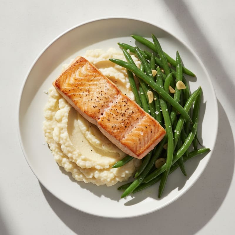 Seared Salmon Fillet with Garlic Green Beans and Cauliflower Mash