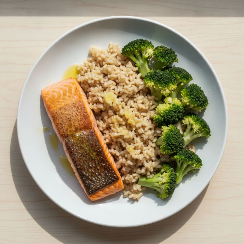 Seared Salmon with Steamed Broccoli and Brown Rice