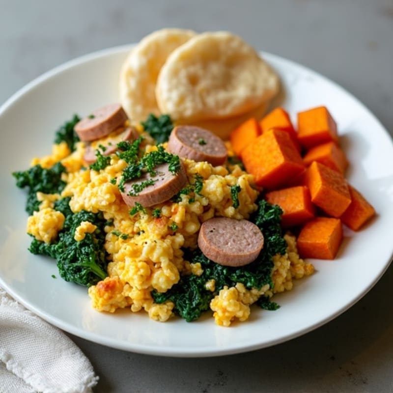 Egg White and Turkey Sausage Scramble with Spinach and Roasted Sweet Potato