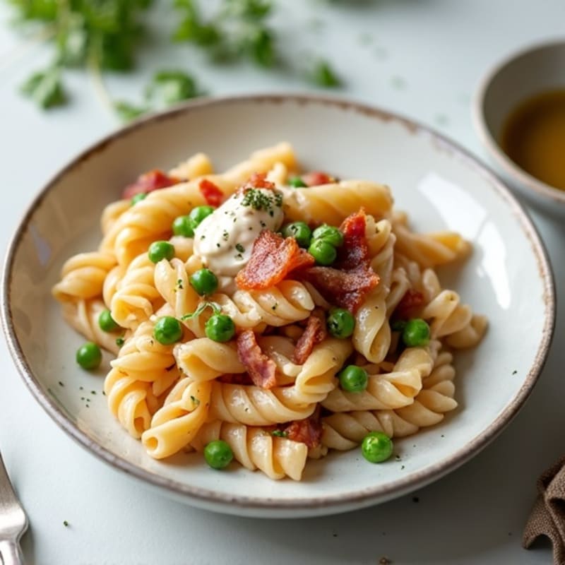 Creamy Whole Wheat Pasta with Crispy Turkey Bacon and Fresh Peas